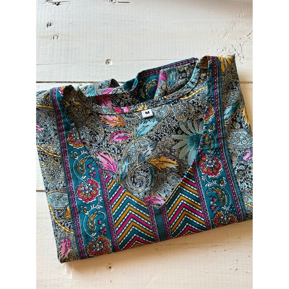 Womens Teal Floral Paisley Tunic Top V-Neck 3/4 Sleeve Boho Blouse Size M